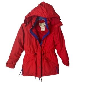 Cabelas Vintage Goose Down Parka Womens Small Red Blue Trim Hooded Snow Jacket
